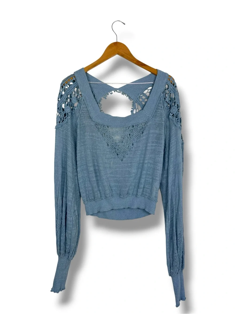 Free People Crochet Knit Top Cornflower Blue Gypsy Whimsy Ethereal Fairy M